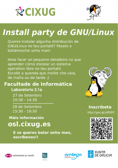 Cartel taller de instalación de GNU/Linux na Facultade de Informática da UDC