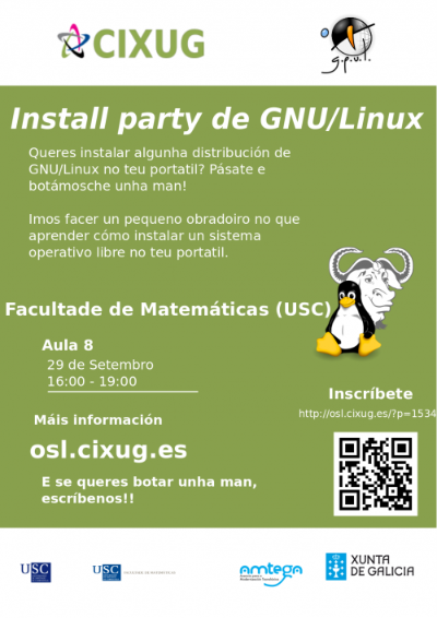 Cartel taller de instalación de GNU/Linux na Facultade de Matemáticas da USC